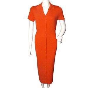HANIFA Dress, M, Orange Bodycon, Button front, Midi length, Collared, Stretchy